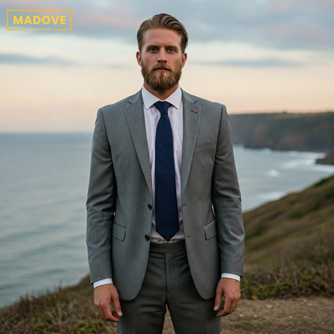 Leisure 2 Pieces Slim Fit Steel Grey Men's Suits Solid Color Lapel Man Suit