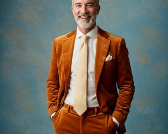 Puede incluir: Un hombre con un traje de terciopelo marrón, una corbata amarilla clara y un pañuelo de bolsillo blanco. Sonríe y tiene barba gris.