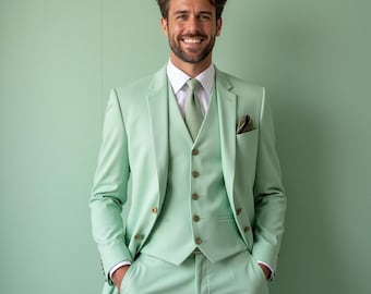 Men's Pastel Green 3-Piece Suit: Custom Tailored Wedding Formal Wear
