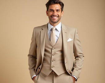 Men's Custom-Tailored Beige 3-Piece Suit: Wedding & Formal Wear