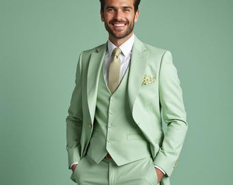 Men's Pastel Green 3-Piece Suit: Custom Tailored Wedding & Formal Wear