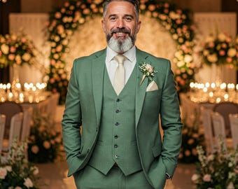 Men's Sage Green 3-Piece Suit: Custom Tailored Wedding Formal Wear