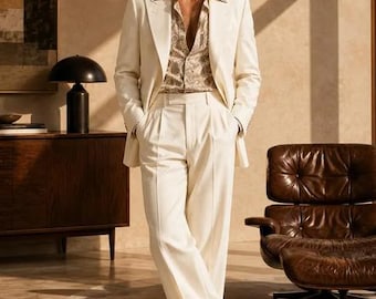 Elfenbeinweißer Herrenanzug, Vintage-Anzug im Stil der 70er Jahre, luxuriöser cremefarbener Hochzeitsanzug, Retro-Hose mit weitem Bein, eleganter Herrenanzug