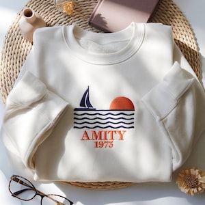 EMBROIDERED Amity 1975 Sweatshirt, Amity Island Shirt, Jaws 50th Anniversary Jaws 1975 Shirt, Great White Shark Tee, Jaws Movie T-shirt