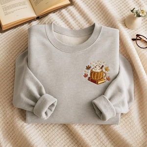 EMBROIDERED Fall In Love With Reading Sweatshirt, Pumpkin Latte Sweater, Fall Book Lover Shirt, Autumn Coffee Shirt, Cozy Thanksgiving Shirt