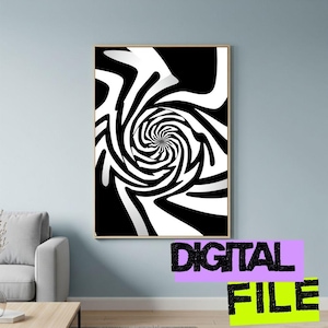 Black and White Spiral Art Print - Hypnotic Optical Illusion Poster, Modern Minimalist Swirl Wall Art, Abstract Op Art Digital File