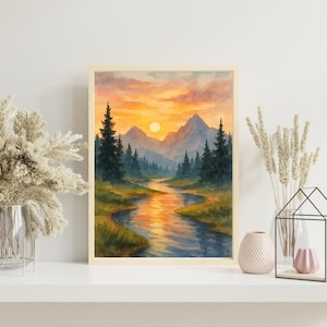 Sunset Mountain Landscape | Watercolor Wall Art | Digital Nature Print | River Forest Painting