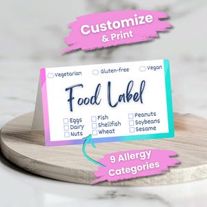 Bewerkbare voedselkaart, buffettafelkaart, voedseletiket met tent, voedselkaarten voor etenswaar, canvassjabloon voedseletiket, allergiekaarten, gevouwen voedseletiket