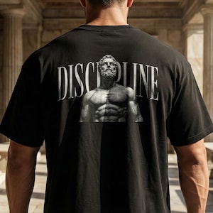 Stoic Discipline T-Shirt, Bodybuilder Statue Tee, Classical Motivation Streetwear, Self Mastery Gift, Unisex Cotton Tee image 1