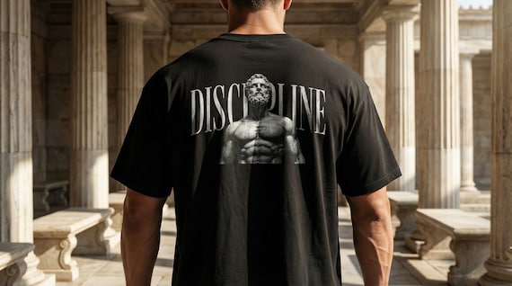 Stoic Discipline T-Shirt, Bodybuilder Statue Tee, Classical Motivation Streetwear, Self Mastery Gift, Unisex Cotton Tee