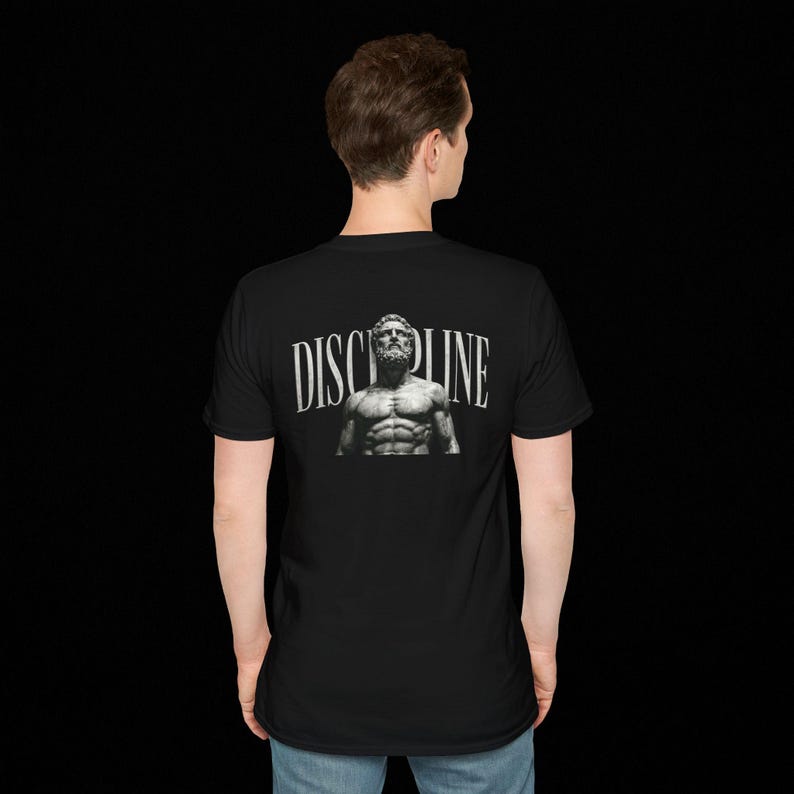 Stoic Discipline T-Shirt, Bodybuilder Statue Tee, Classical Motivation Streetwear, Self Mastery Gift, Unisex Cotton Tee image 6