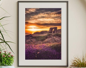 Gronez Castle Sunset Print: Jersey Coastal Photography with Purple Heather