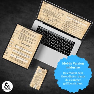 May include: A laptop, tablet, and smartphone display a digital game sheet. The laptop screen shows "Die W&uuml;rfel" and "Attribute" text. The tablet displays "Zauberangriffe" text. A blue speech bubble reads "Mobile Version inklusive". A logo is in the bottom left.