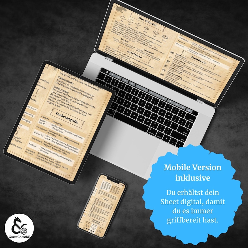 May include: A laptop, tablet, and smartphone display a digital game sheet. The laptop screen shows "Die W&uuml;rfel" and "Attribute" text. The tablet displays "Zauberangriffe" text. A blue speech bubble reads "Mobile Version inklusive". A logo is in the bottom left.
