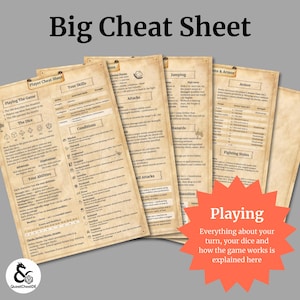 以下が含まれることがあります： 「Big Cheat Sheet」と書かれた、黒い文字のベージュ色のチートシートの束。シートには「Playing The Game」、「Your Skills」、「Attacks」などのトピックが記載されています。オレンジ色のスターバーストグラフィックには「Playing」と書かれています。QuestChestDEのロゴが隅にあります。