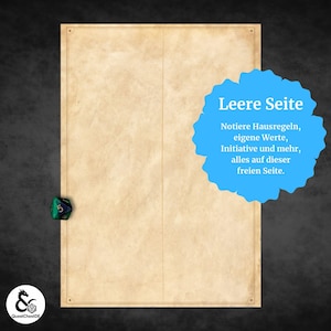 May include: A parchment-style sheet with a blue cloud-shaped text box that reads "Leere Seite" (Empty Page). The text below encourages note-taking of house rules, values, and initiative. A green and blue die is on the left.