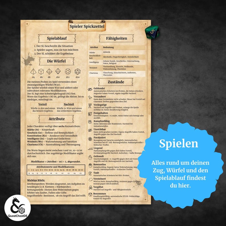 May include: A German-language game guide with sections on dice rolls, attributes, and conditions. A blue speech bubble with white text says "Spielen" and "Alles rund um deinen Zug, W&uuml;rfel und den Spielablauf findest du hier."