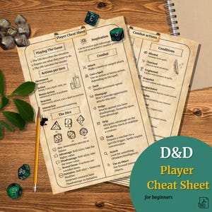 Op de afbeelding: Een printbare Dungeons and Dragons (D&D) spiekbrief voor beginnende spelers. De spiekbrief is ontworpen om spelers te helpen de basisprincipes van het spel te begrijpen, waaronder acties per beurt, gevechtsacties, voorwaarden en dobbelstenenworpen. De spiekbrief is gedrukt op een perkament-achtige achtergrond met een vintage esthetiek.