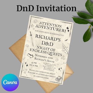 以下が含まれることがあります： ダンジョンズ&ドラゴンズ（D&D）イベントのヴィンテージスタイルの招待状。「DnD Invitation」のテキストが上部にあり、イベントの詳細や冒険への呼びかけなど、黒いイラストとテキストが施された羊皮紙のような背景が特徴です。