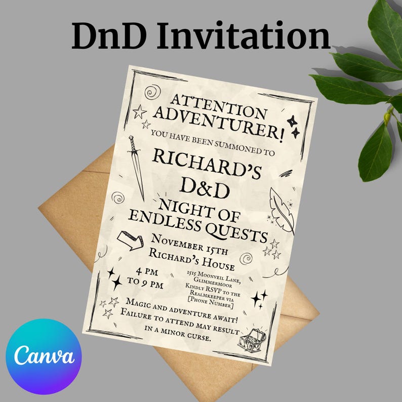 以下が含まれることがあります： ダンジョンズ&ドラゴンズ（D&D）イベントのヴィンテージスタイルの招待状。「DnD Invitation」のテキストが上部にあり、イベントの詳細や冒険への呼びかけなど、黒いイラストとテキストが施された羊皮紙のような背景が特徴です。