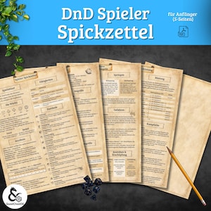 Puede incluir: Un conjunto de hojas de trucos para jugadores de DnD, tituladas "DnD Spieler Spickzettel" en alemán. Las hojas tienen un aspecto envejecido, con texto y diagramas detallados. También hay un lápiz y dados, lo que sugiere un tema de juego de mesa.