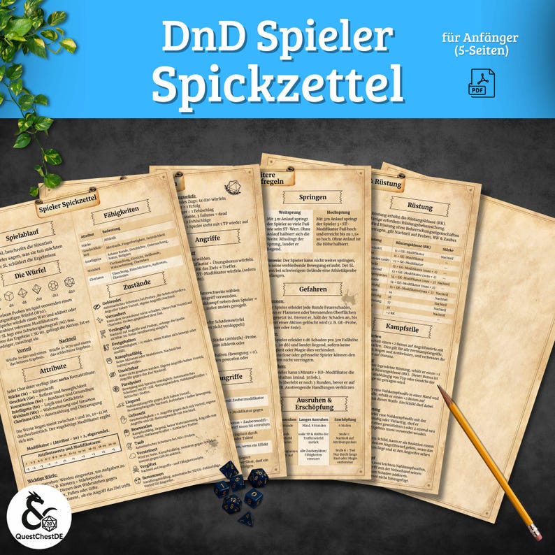 May include: A set of aged DnD player cheat sheets, titled "DnD Spieler Spickzettel" in German. The sheets have a vintage appearance, with detailed text and diagrams. A pencil and dice are also visible, indicating a tabletop gaming theme.