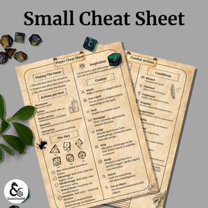 以下が含まれることがあります： 「Small Cheat Sheet」と題された、テーブルトークRPG用のチートシート。戦闘アクション、条件、サイコロのセクションが含まれています。サイコロと緑色のサイコロがシートの周りに散らばっています。