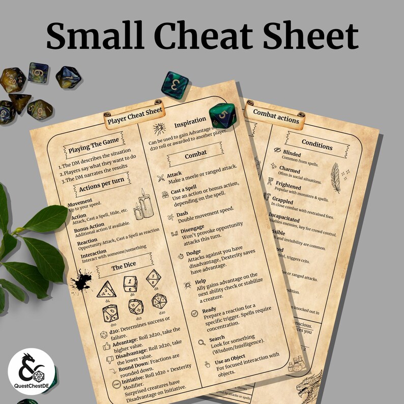 以下が含まれることがあります： 「Small Cheat Sheet」と題された、テーブルトークRPG用のチートシート。戦闘アクション、条件、サイコロのセクションが含まれています。サイコロと緑色のサイコロがシートの周りに散らばっています。
