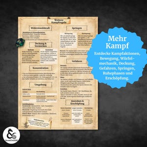 May include: A German-language game rules sheet detailing combat mechanics, movement, and dice rolls. Includes a blue speech bubble with the words "Mehr Kampf". A die is visible.
