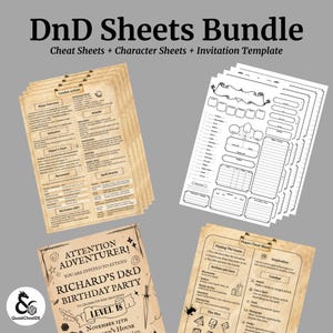 Könnte beinhalten: Ein Bundle von DnD-Blättern, einschließlich Cheat Sheets, Charakterbögen und einer Einladungsvorlage. Die Blätter haben ein pergamentartiges Aussehen mit schwarzem Text und Illustrationen. Die Einladung kündigt eine Geburtstagsfeier an.
