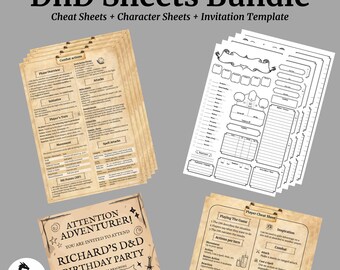 Può includere: Un pacchetto di fogli DnD, tra cui cheat sheet, schede dei personaggi e un modello di invito. I fogli hanno un aspetto pergamena con testo e illustrazioni neri. L'invito annuncia una festa di compleanno.