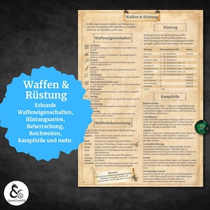May include: A German-language game reference sheet detailing weapons and armour. It features tables and text explaining weapon properties, armour types, and combat styles. A green ten-sided die is visible in the corner.