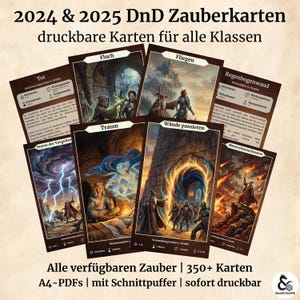 May include: A collection of printable fantasy spell cards for tabletop role-playing games, featuring dark brown borders and detailed illustrations. The cards display German text including titles like Fluch, Fliegen, and Tor, with icons for range and duration. The set includes over 350 cards in A4 PDF format.