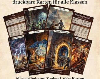 Cartas de hechizos de D&D (5.ª edición) en alemán | Más de 350 cartas de hechizos imprimibles SRD 2025 | Accesorios para Dungeons and Dragons | Regalo para Dungeon Master (DM) | Digital