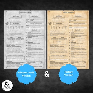 May include: Two game reference sheets, one in monochrome and the other in colour, with German text. The sheets include sections for game play, dice, attributes, and abilities. The text "schwarz-wei&szlig; Version" and "farbige Version" are visible.