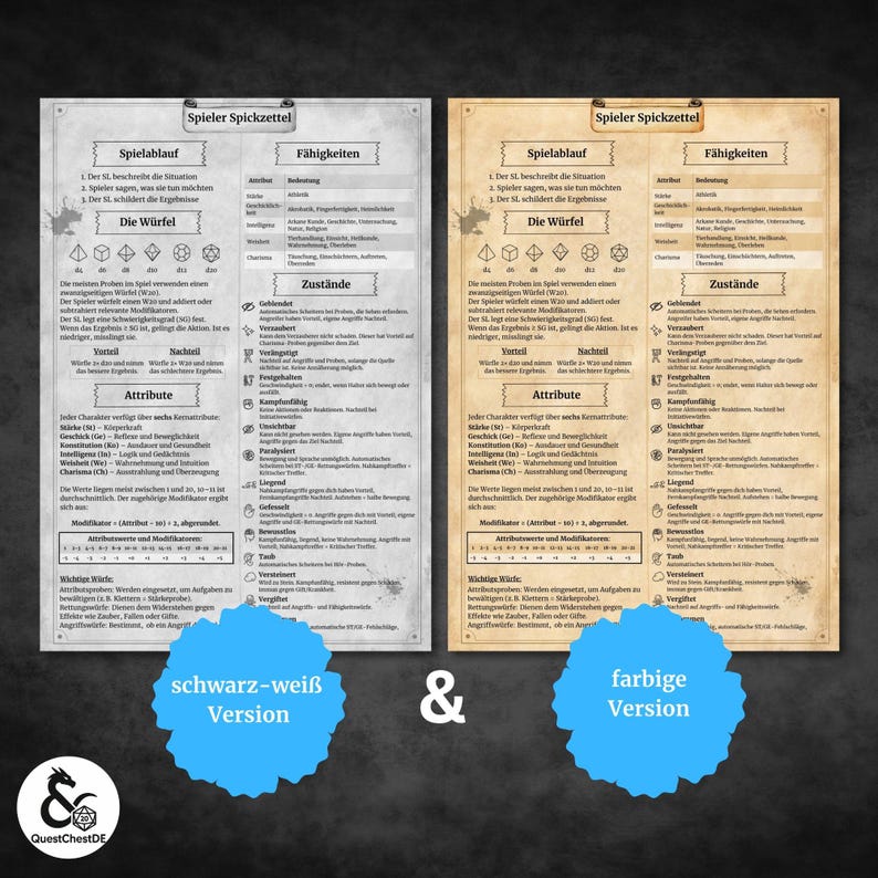 May include: Two game reference sheets, one in monochrome and the other in colour, with German text. The sheets include sections for game play, dice, attributes, and abilities. The text "schwarz-wei&szlig; Version" and "farbige Version" are visible.