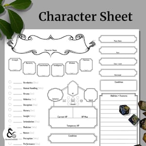 以下が含まれることがあります： 「Character Sheet」と題された、黒い文字の白いキャラクターシート。キャラクター名、ステータス、スキル、能力のセクションが含まれています。サイコロが右下隅に見えます。このシートは、テーブルトップロールプレイングゲーム用に設計されています。