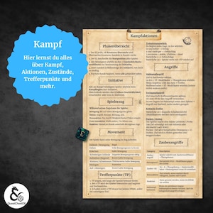 May include: A German-language game guide detailing combat actions, and initiative. The guide includes charts, diagrams, and dice. Designed for tabletop role-playing games.