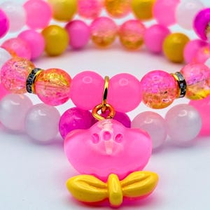 Handmade Pink Flower Charm Bracelet Set, Candycore Kandi Jewelry, Neon Beads, Dopamine Dressing