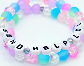 Funny Pastel Beaded Bracelet: "SEND HELP LOL" Y2K Kandi Stack