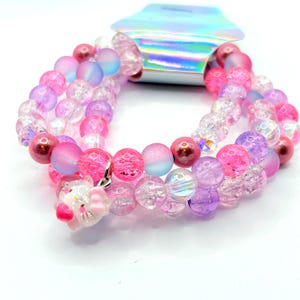 Pink Galaxy Hello Kitty Bracelet Stack – Frosted AB Pastel Beaded Stretch Bracelet Set – Sparkly Cat Charm Jewelry for Maximalist Baddies