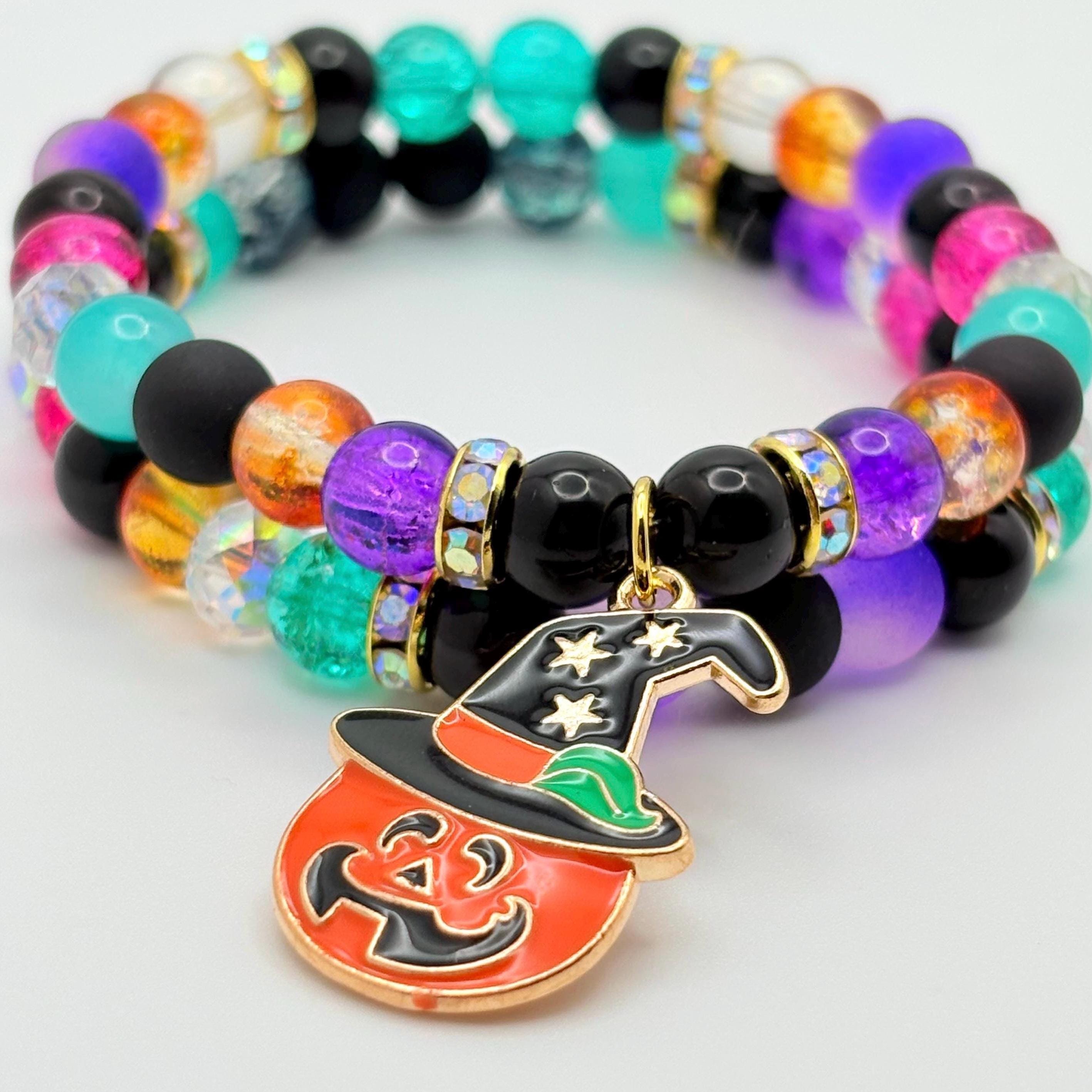 Halloween Candycore Bracelet Set: Pumpkin Witch Charm, Neon Beads