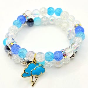 Stormy Mood Bracelet Stack: Blue Lightning Cloud Charm, Crackle Bead Set