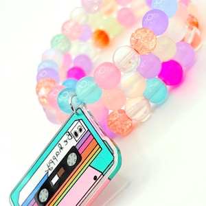 Psychedelic Pastel Cassette Bracelet Stack – 80s Retro Charm, Kawaii Candycore Jewelry, Dopamine Gift for Teens, Y2K Aesthetic Bracelet Set
