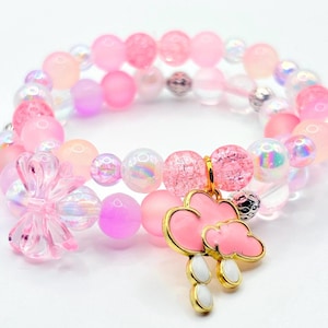 Pink Cloud Charm Bracelet Stack: Pastel Bead & Bow Jewelry