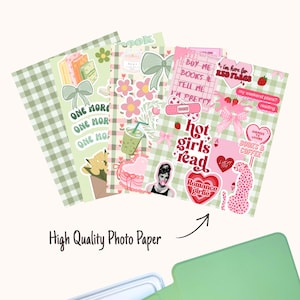 May include: Four rectangular paper inserts featuring green gingham and pink patterns with various stickers including books, flowers, bows, and text such as "one more," "hot girls read," and "romance girlie." The text "4 INSERTS INCLUDED" and "High Quality Photo Paper" is visible.