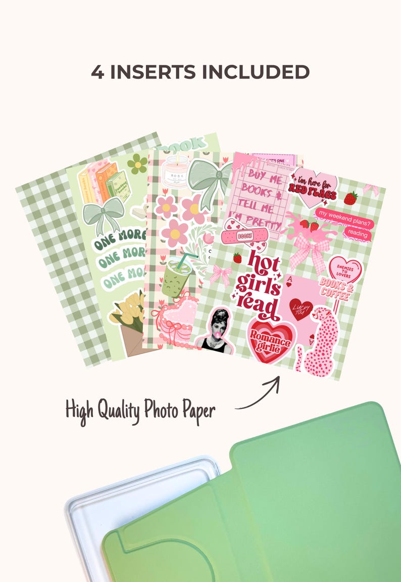 May include: Four rectangular paper inserts featuring green gingham and pink patterns with various stickers including books, flowers, bows, and text such as "one more," "hot girls read," and "romance girlie." The text "4 INSERTS INCLUDED" and "High Quality Photo Paper" is visible.