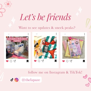 May include: Pink graphic with the text "Let's be friends" and "Want to see updates & sneak peaks?" Three images are displayed, along with social media icons and the handle @thelapaze.