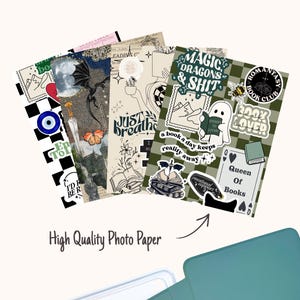 May include: Four rectangular paper inserts with diverse graphic designs including a black and white checkerboard pattern, a dragon, a ghost, and various text elements like Magic Dragons & Shit, Queen of Books, and Just Breathe, printed on high quality photo paper.