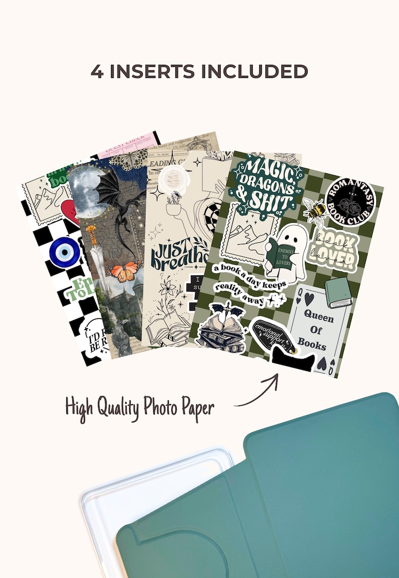 May include: Four rectangular paper inserts with diverse graphic designs including a black and white checkerboard pattern, a dragon, a ghost, and various text elements like Magic Dragons & Shit, Queen of Books, and Just Breathe, printed on high quality photo paper.